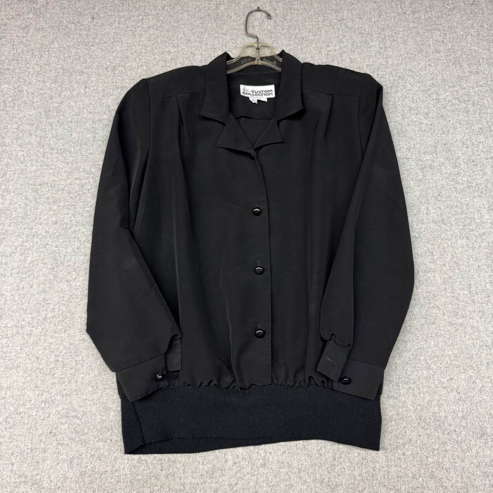 The East Custom Collection Blouse Size 14 Black Ribbed Hem Button Front Vintage